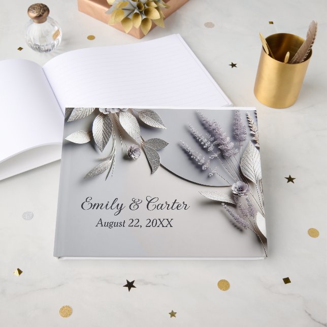 Wedding Flowers On Silver Guest Book (Front Open)