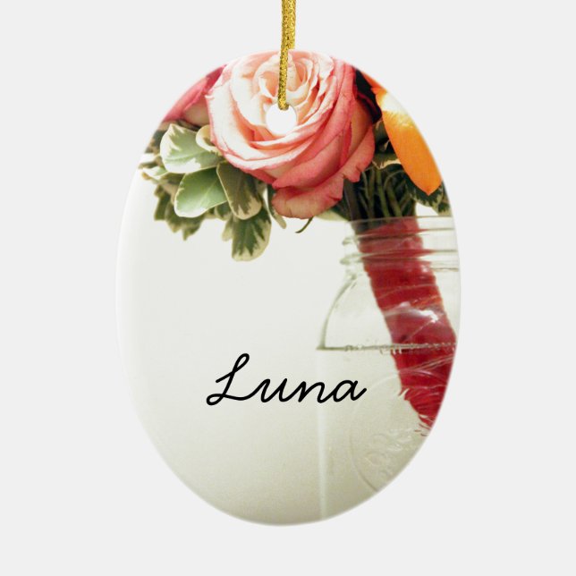 wedding flowers pink orange rose customize ceramic ornament (Front)