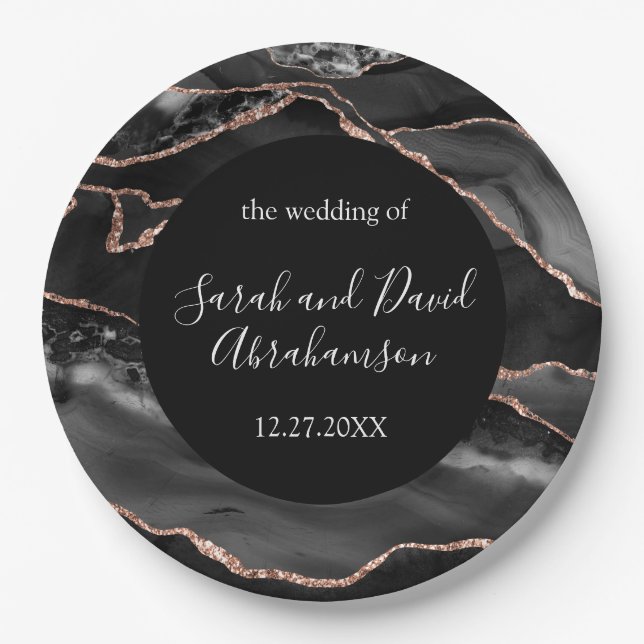 Wedding Formal Black and Rose Gold Glitter Agate Paper Plate (Front)