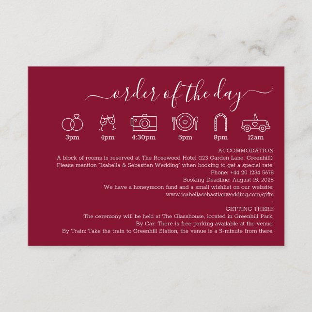 Wedding Formal Burgundy Details Order Of The Day Enclosure Card (Front)