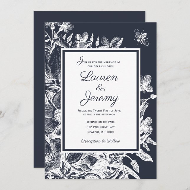 Wedding French Farmhouse Floral Navy & White Invitation (Front/Back)