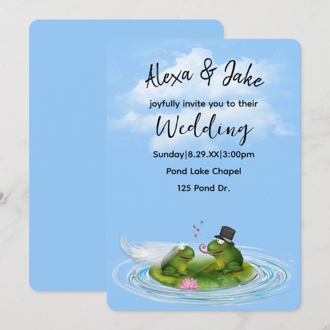 Wedding Frogs on Lily Pad with Hearts Invitation (Front/Back)
