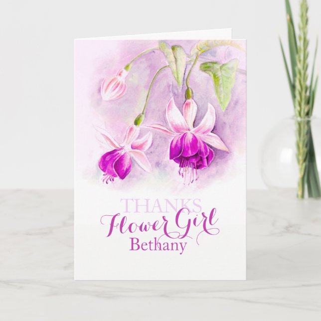 Wedding fuchsia flower girl thank you card (Front)
