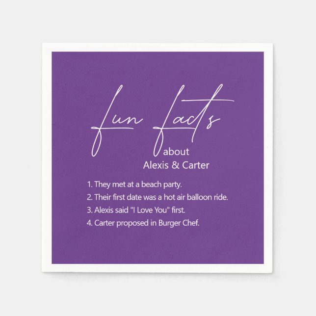 Wedding Fun Facts On Purple Napkin (Front)