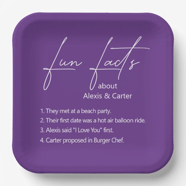 Wedding Fun Facts On Purple Paper Plate (Front)