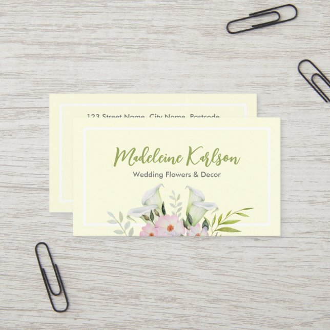 Wedding Gentle White Calla Lily Roses Flowers Business Card (Front/Back In Situ)
