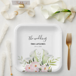 Wedding Gentle White Calla Lily Roses Thank You Sq Paper Plate