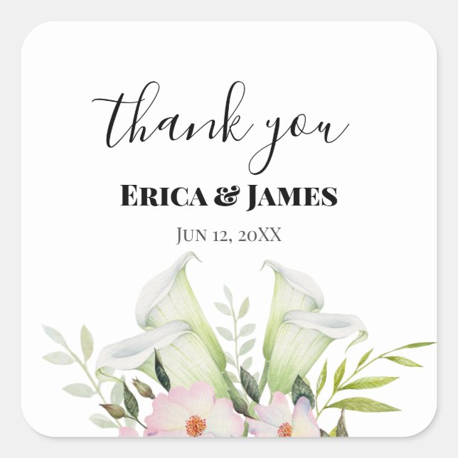 Wedding Gentle White Calla Lily Roses Thank You Square Sticker (Front)