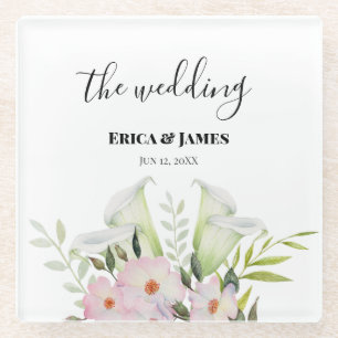 Wedding Gentle White Calla Lily Roses Watercolor S Glass Coaster