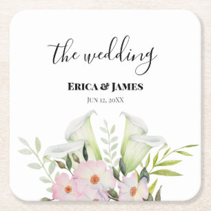 Wedding Gentle White Calla Lily Roses Watercolor Square Paper Coaster