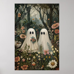 Wedding Ghosts in Flower Forest Art Print, Dark Poster