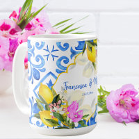 Wedding Gift Blue tiles lemon Bougainvillea custom