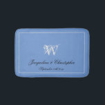 Wedding Gift Elegant Monogram Newlywed Gift Chic  Bath Mat<br><div class="desc">Wedding Gift Elegant Monogram Newlywed Gift Chic Bath Mat. Beautiful personalized blue and light grey monogrammed bath mat. Fine classic script monogrammed last name initial, and the names of the bride and groom and the date on a solid blue background. A lovely gift for newly weds, engaged couples or beautiful...</div>