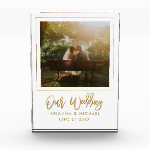 Wedding Gift Keepsake Gold Script Newlyweds Photo Block