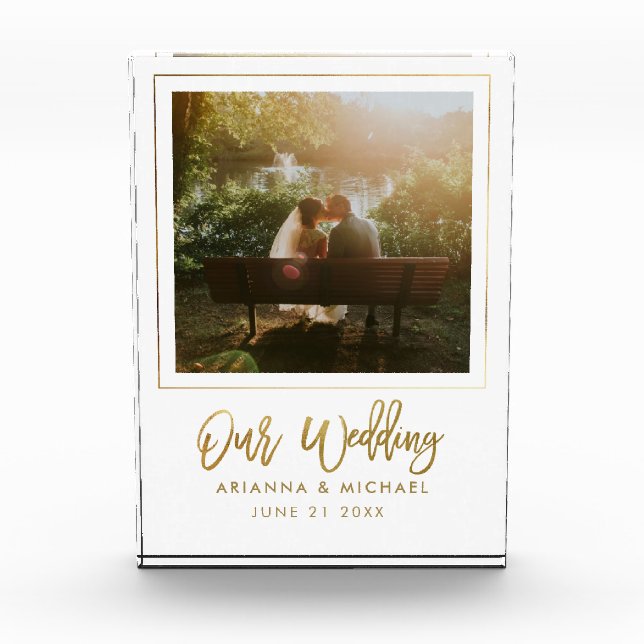 Wedding Gift Keepsake Gold Script Newlyweds Photo Block (Front)