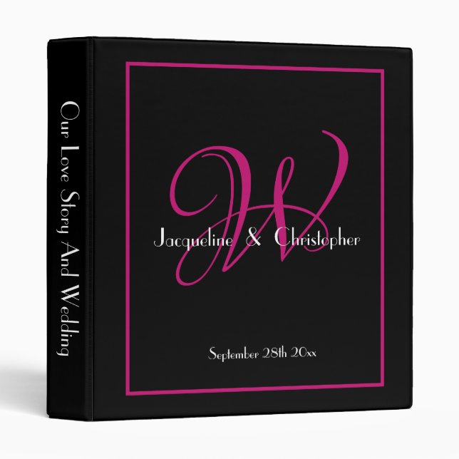 Wedding Gift Monogram Black Magenta Pink Wedding  Binder (Front/Spine)