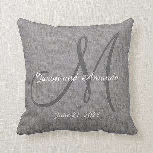 Wedding Gift Monogram Custom Faux Grey Linen Throw Pillow