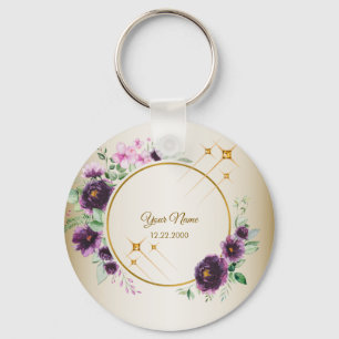 Wedding Gift Party Purple Pink Floral Green Golden Keychain