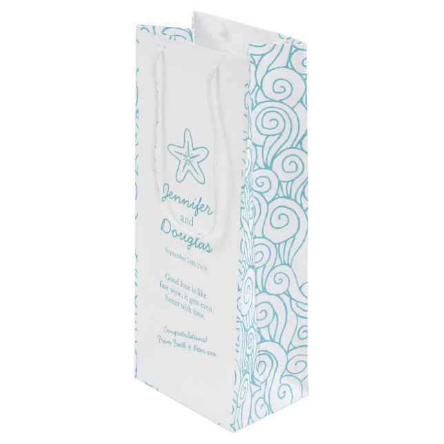 Wedding gift personalized starfish blue wine bag (Front Angled)