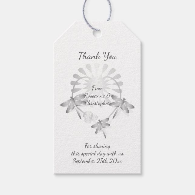 Wedding Gift Tags Silver Dragonflies Heart (Front)