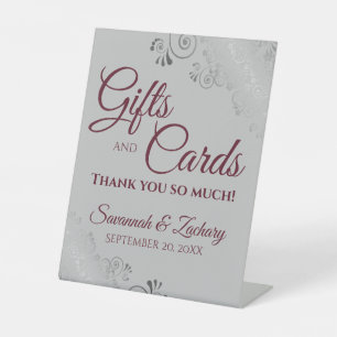 Wedding Gifts & Cards Lacy Silver Burgundy on Grey Pedestal Sign