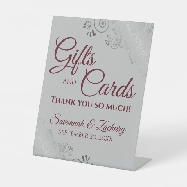 Wedding Gifts & Cards Lacy Silver Burgundy on Grey Pedestal Sign (Front)