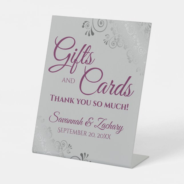 Wedding Gifts & Cards Lacy Silver Magenta on Gray Pedestal Sign (Front)