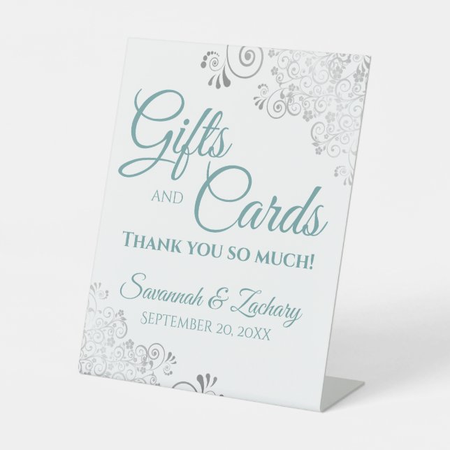 Wedding Gifts & Cards Silver Frills Teal on White Pedestal Sign (Front)