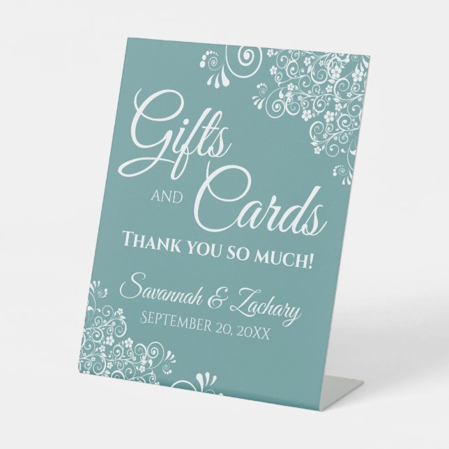 Wedding Gifts & Cards White Lace Frills on Teal Pedestal Sign (Front)
