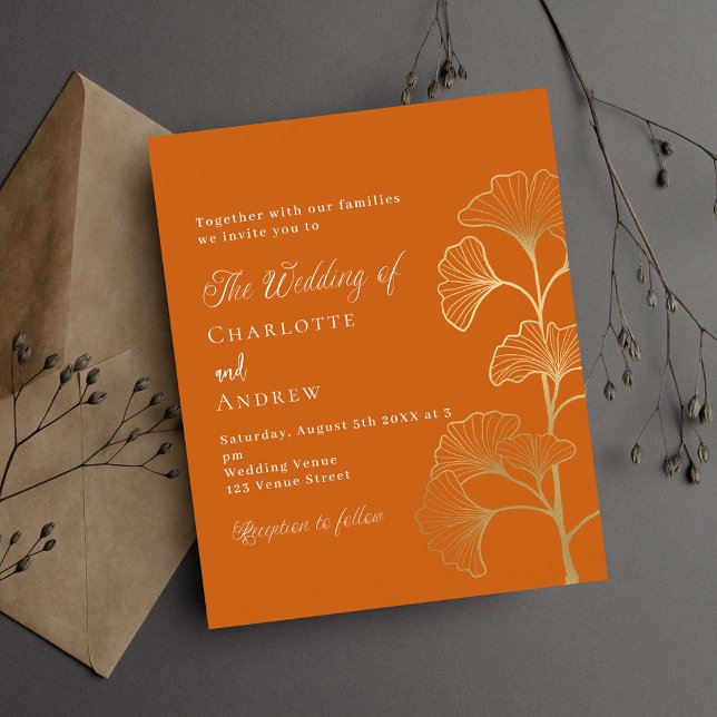 Wedding ginkgo leaf orange gold budget invitation (Creator Uploaded)