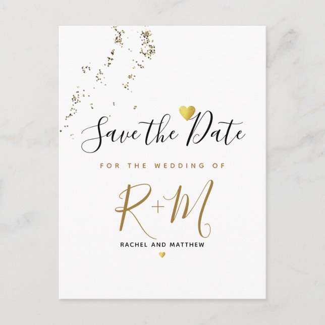 wedding glitter + initials save the date on white announcement postcard (Front)