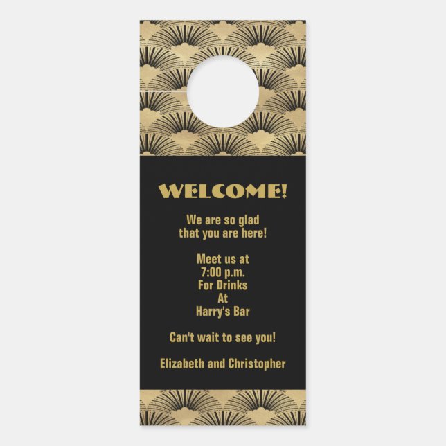 Wedding Gold Art Deco Welcome Event Iteneary Door Hanger (Front)