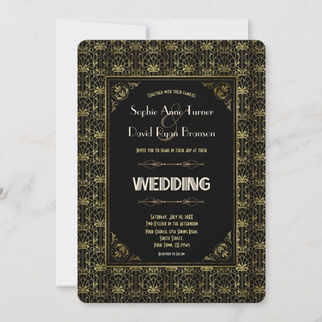 Wedding | Gold Black Roaring 20s Art Deco Invitation (Front)