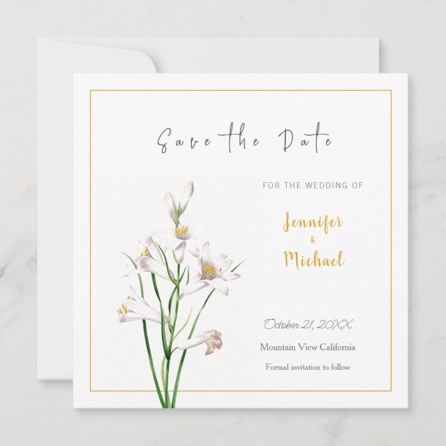 Wedding Gold Colour Calligrapy Flower Save the Dat Invitation (Front)