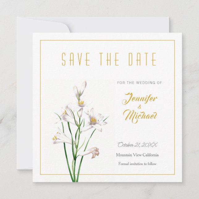 Wedding Gold Colour Calligrapy Flower Save the Dat Invitation (Front)