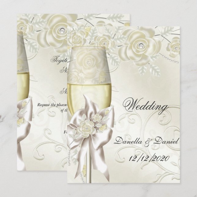 Wedding Gold Cream Pearl Floral Roses 2 Invitation (Front/Back)