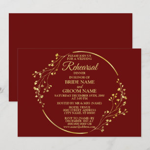 Wedding Gold Floral Wreath Red Rehearsal Dinner Invitation