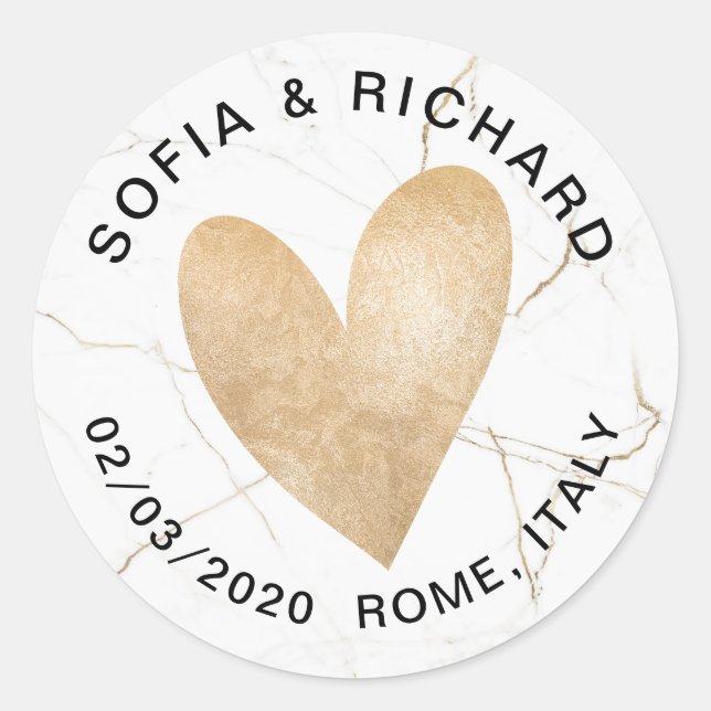 Wedding Gold Foil Heart Personalized Classic Round Sticker (Front)