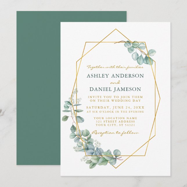 Wedding Gold Frame Eucalyptus Watercolor Greenery Invitation (Front/Back)