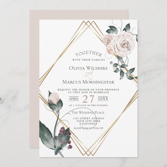 Wedding | Gold Frame Pale Pink Watercolor Roses Invitation (Front/Back)