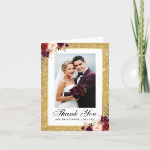 Wedding Gold Glitter Burgundy Floral Photo Note Thank You Card