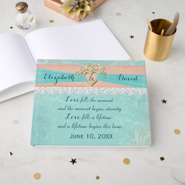 Wedding Gold Heart and Ribbon Guest Book (Front Open)