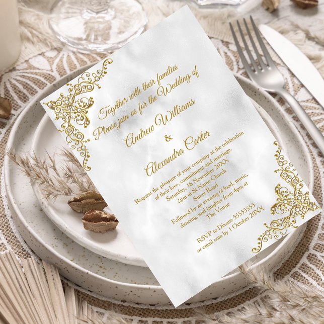 Wedding gold Marble white pearl silver Invitation (Creator Uploaded)