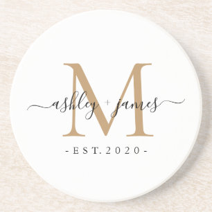 Wedding Gold Monogram Names Year Est  Coaster