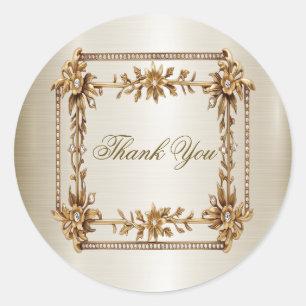 Wedding Gold Ornate Rectangle Dimond Flowers Shiny Classic Round Sticker