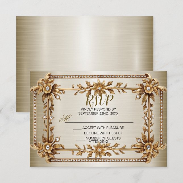 Wedding Gold Ornate Rectangle Dimond Flowers Shiny RSVP Card (Front/Back)