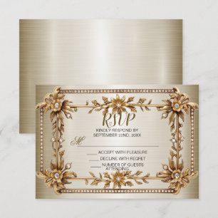 Wedding Gold Ornate Rectangle Dimond Flowers Shiny RSVP Card