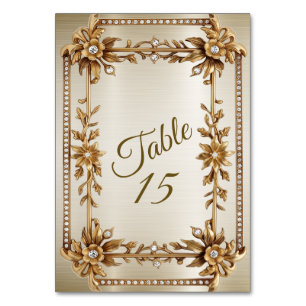 Wedding Gold Ornate Rectangle Dimond Flowers Shiny Table Number
