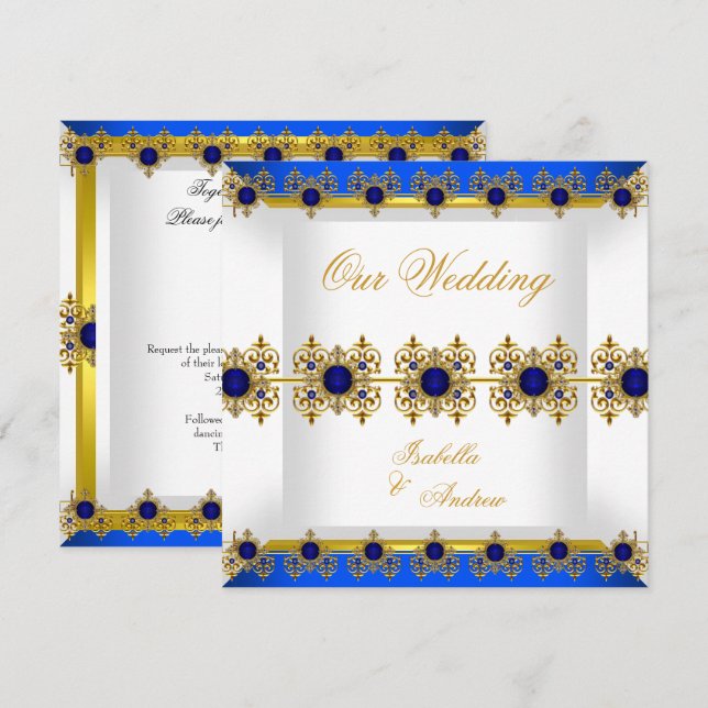 Wedding Gold Royal Blue Gem White Invitation (Front/Back)