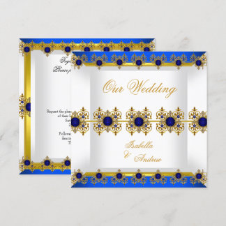 Wedding Gold Royal Blue Gem White Invitation